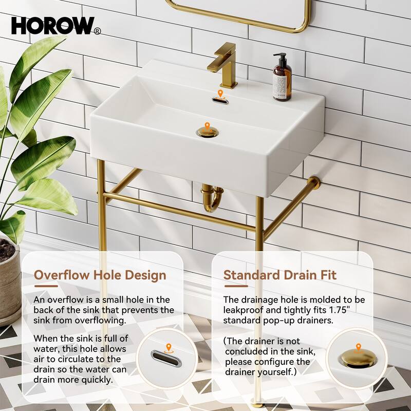 HOROW 24 in. Ceramic White Rectangular Bathroom Console Sink with Golden Legs and Overflow