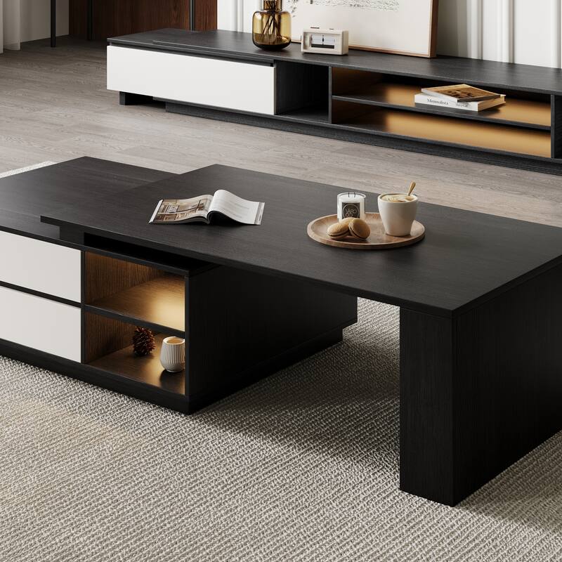 Extendable Coffee Table with LED Lights & 2 Drawers - 43.3" to 70.86"