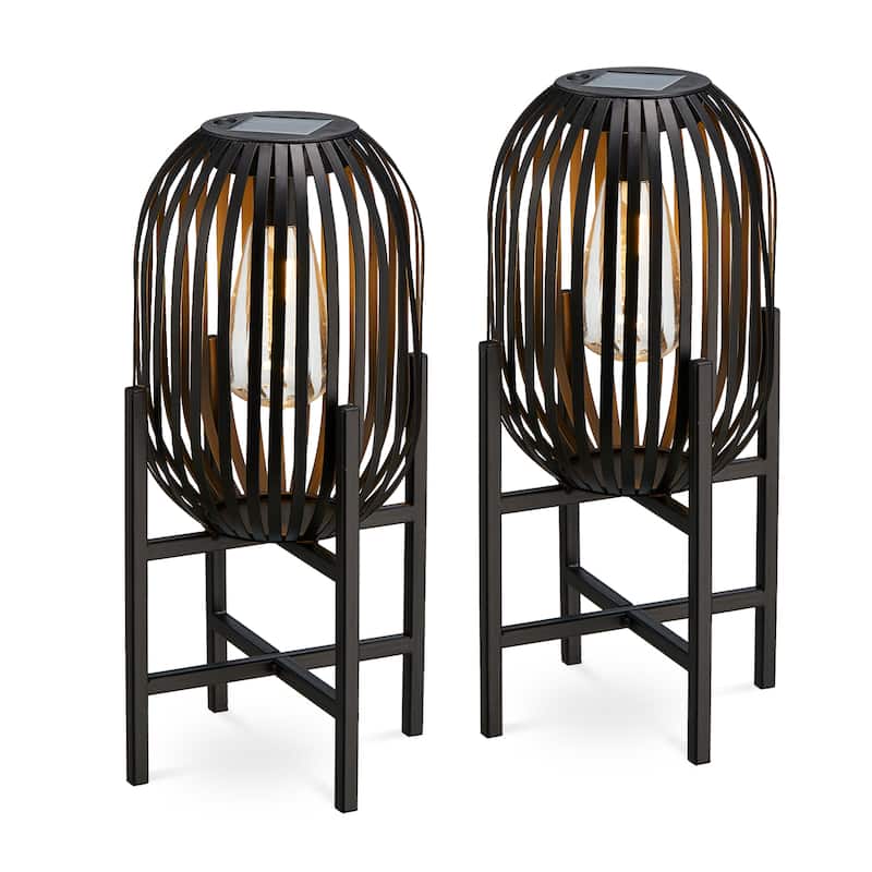 Glitzhome Set of 2 Outdoor Black Metal Striped Solar Lantern Floor Lamp