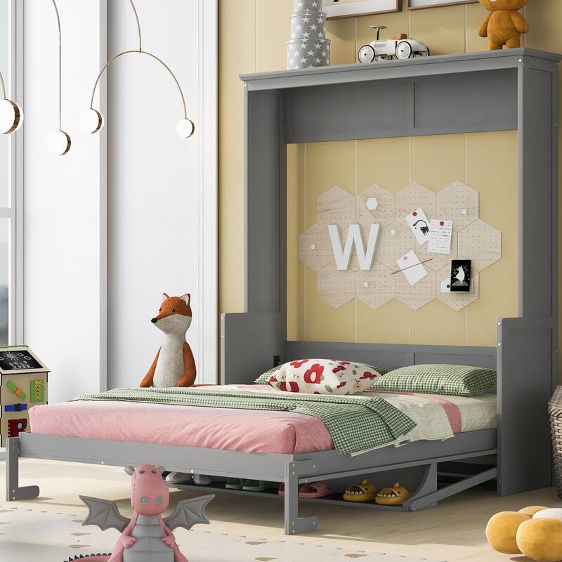 Queen Murphy Bed with Built-in Shelf, Foldable Wall Bed for Small Spaces - Grey - Queen