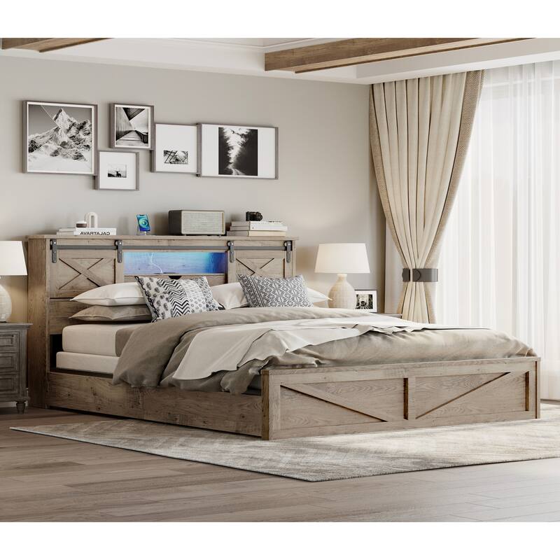 GDFStudio - Junie Rustic Wooden Bed Frame with LED Lights, Built-in Charging Station, 2 Underbed Drawers & No Box Spring Needed