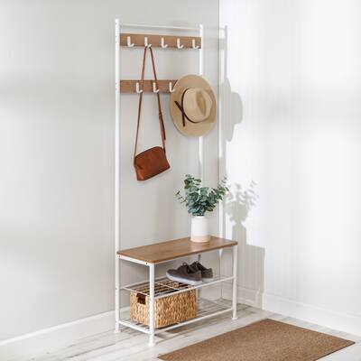 White/Walnut Entryway Hall Tree with Bench and Shoe Storage