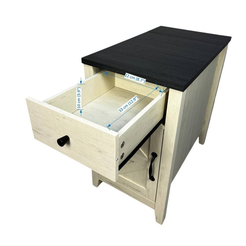 Farmhouse End Table Bedside Table With Charging Station, Night Stand With Barn Door And Drawer