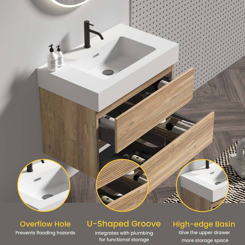 GDFStudio - Grace Wall-Mounted Bathroom Vanity with Engineered Quartz Sink & Soft Close Drawers, without Drainage and Faucet