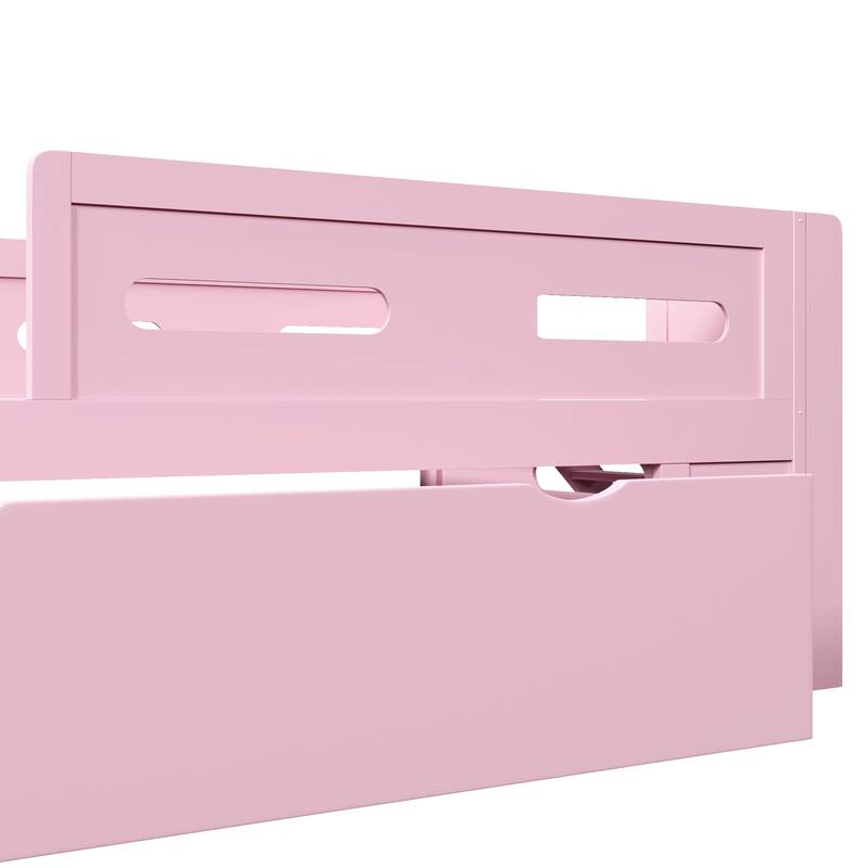 Roomfitters Full/Twin Size Wood Platform Bed with Underbed Storage Drawer and Safety Guardrails, Modern Low Loft Frame