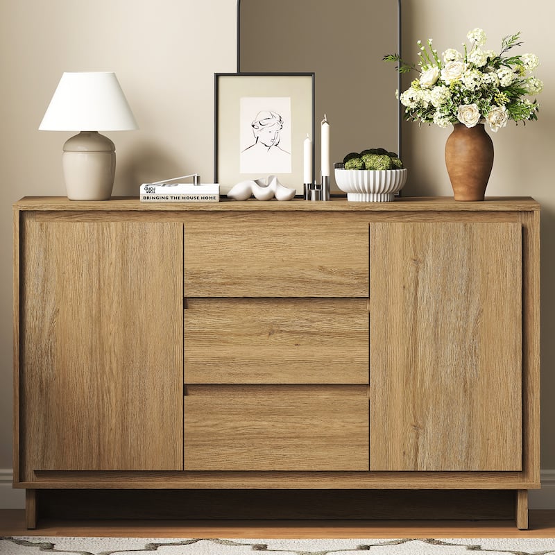 Modern Storage Cabinet with 2 Doors, 3 Drawers & Framed Edge Design - N/A - Natural