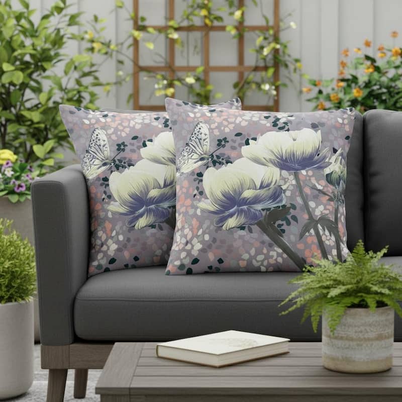 HomeRoots Set of Two 16" X 16" Gray and Yellow Butterfly Blown Seam Floral Indoor Outdoor Throw Pillow - Yellow/Gray - 16.00' X '16.00' X '5.00