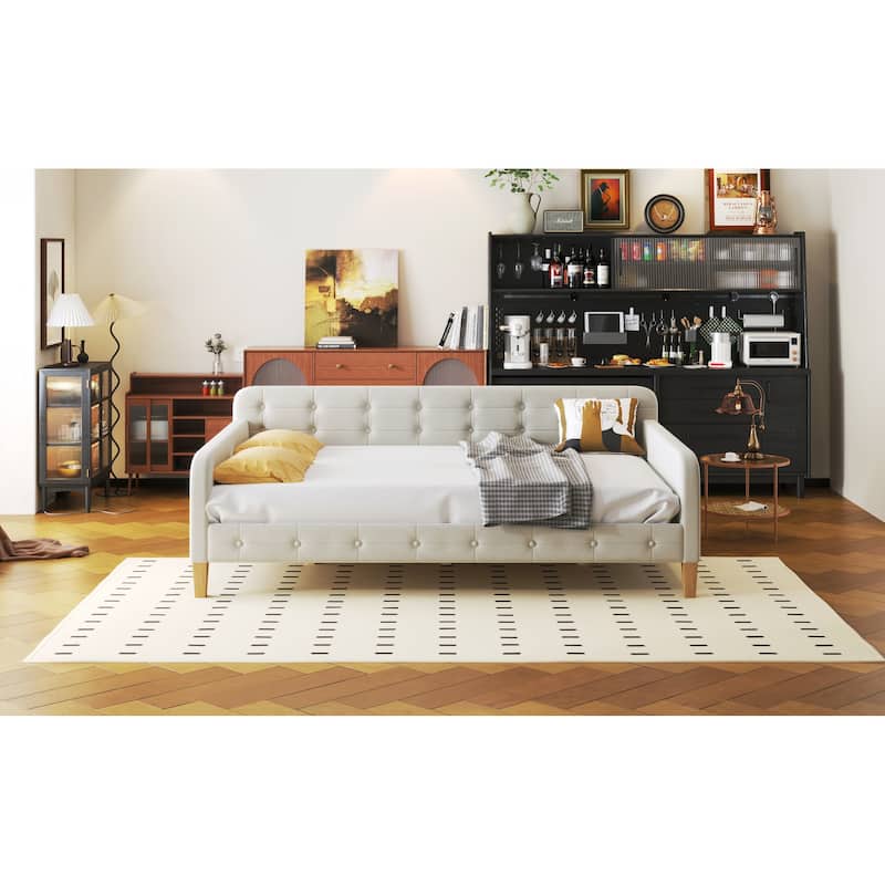 Button Backrest Upholstered Platform Bed Frame, Twin XL Size Daybed with LED Belt and Slats, Pull-out Trundle Bed