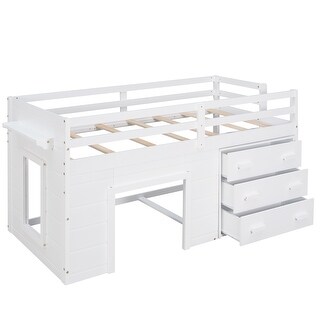 Modern Style Twin Size Wood Loft Bed with Shelf and Cabinet for Storage