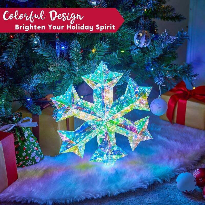 15 in Prismatic Iridescent Decorations, Prismatic Christmas Decor, 100 LED Cool White Lights - Snowflake