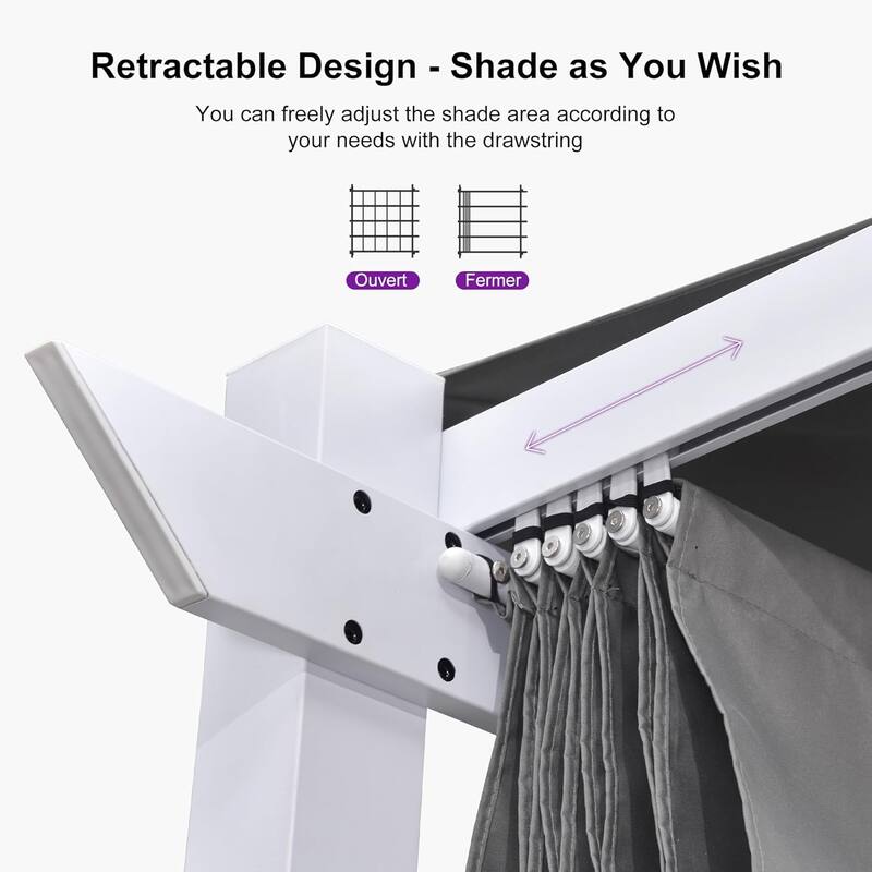 PURPLE LEAF Gazebo Outdoor Retractable White Heavy-Duty Aluminum Pergola with Extra Top Roof
