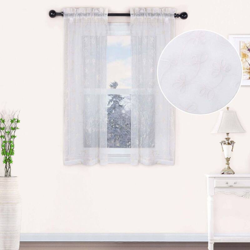 Superior Bohemian Floral Scroll Sheer Curtain Set with 2 Panels - 26" X 84" - Ivory