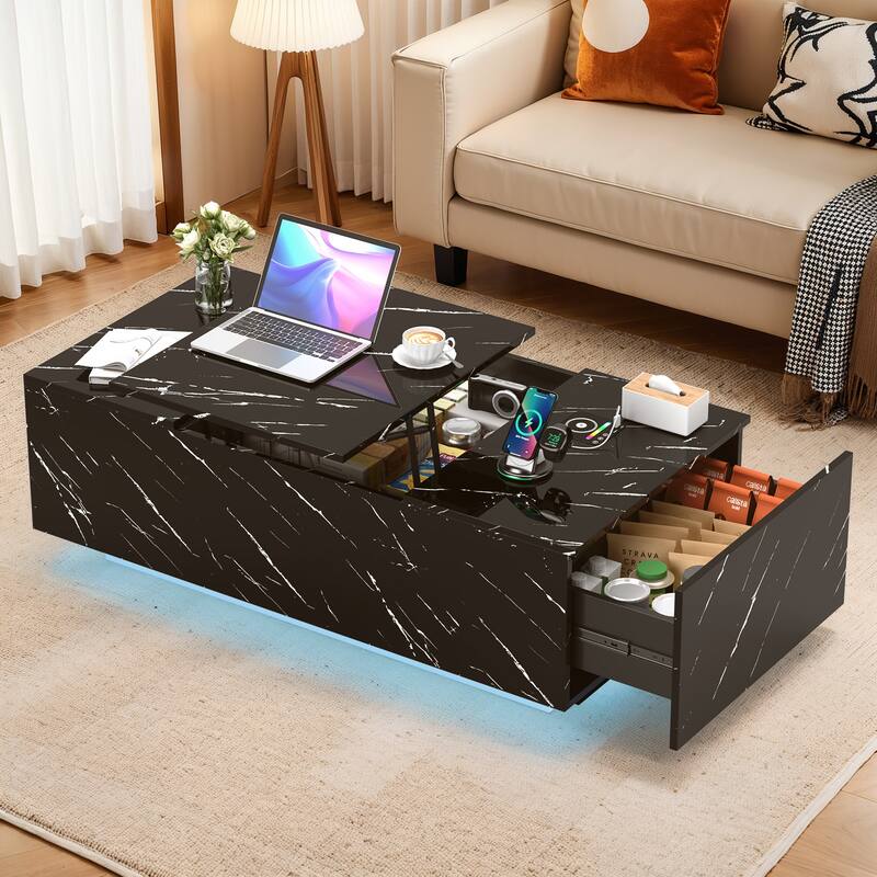 Meyreso Lift-Top Smart Marble Coffee Table with LED Light and Hidden Storage