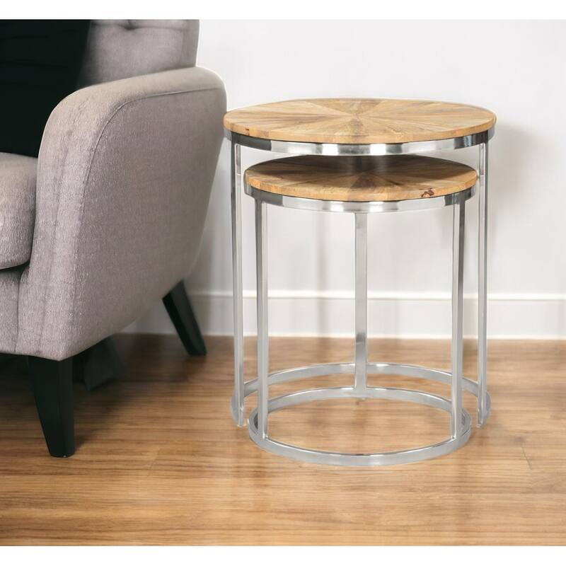 HomeRoots Set of Two Natural And Silver Solid Wood And Iron Round Frame Nested Tables - 18' X '20.5' X '18 - Natural - Wood