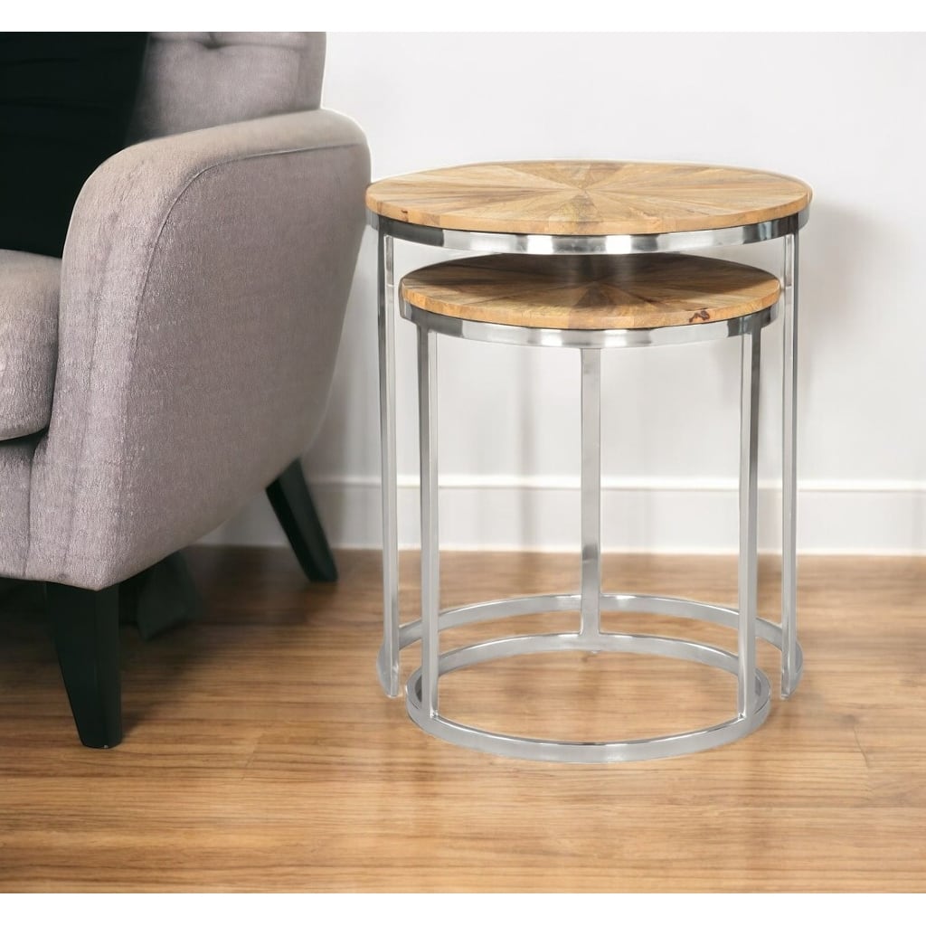 HomeRoots Set of Two Natural And Silver Solid Wood And Iron Round Frame Nested Tables - 18' X '20.5' X '18