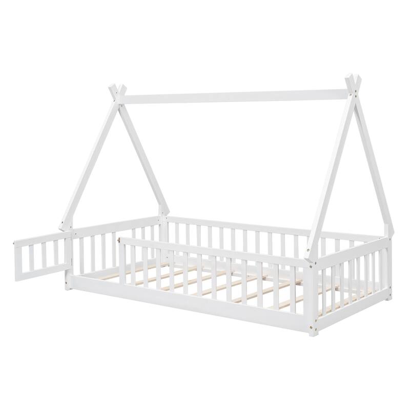 Twin Tent-shaped Floor Bed with Guardrails