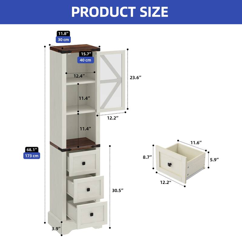 Moasis 68"H Storage Cabinet with 3 Drawers, Farmhouse Bathroom Cabinet with Barn Doors & Adjustable Shelves
