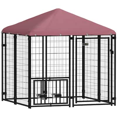 PawHut 4.6' x 4.6' x 5' Outdoor Dog Kennel, Welded Wire Heavy Duty Dog Run with 360° Rotating & 4 Level Adjustable Bowls