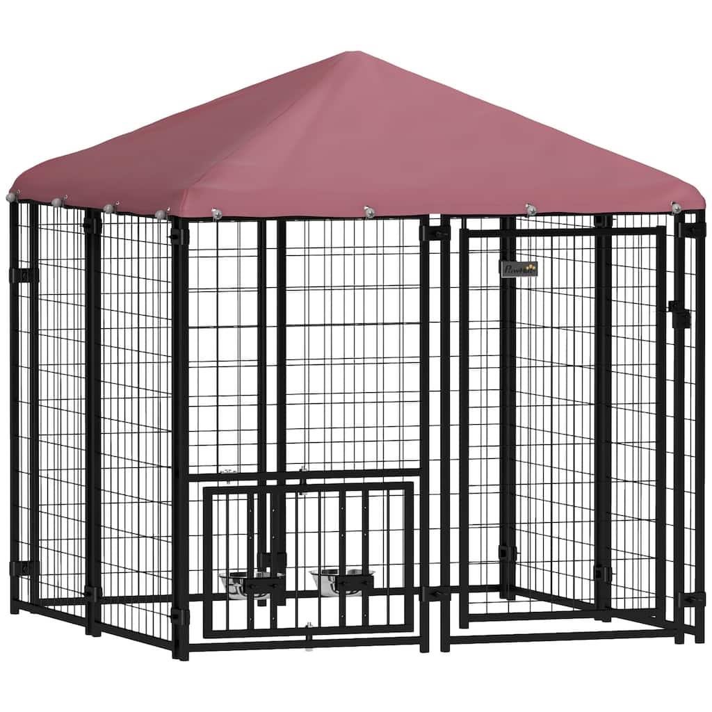 PawHut 4.6' x 4.6' x 5' Outdoor Dog Kennel, Welded Wire Heavy Duty Dog Run with 360° Rotating & 4 Level Adjustable Bowls