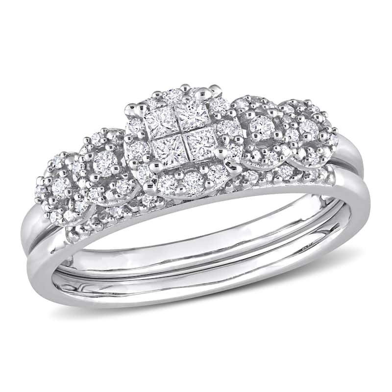 Miadora 10k White Gold 1/3ct TDW Diamond Cluster Bridal Ring Set