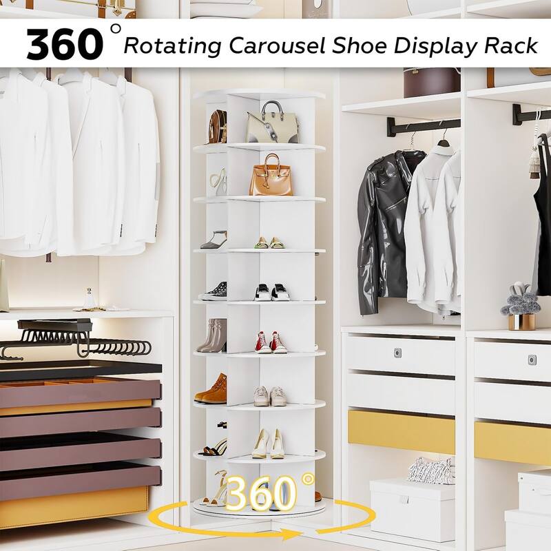 AECOJOY 8 Tier Rotating Shoe Rack, Shoe Tower Organizer with 4 Universal Casters