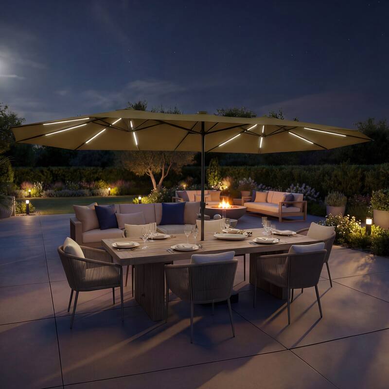 15FT Solar LED Double-Sided Patio Umbrella with Base, 12 Light Strips, 2000mAh - Beige