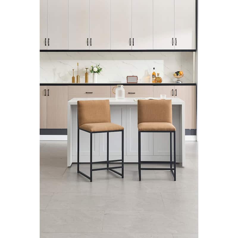 Counter Height Bar Stools Set of 2, Upholstered Linen Bar Chairs, Metal Footrest and Frame for Kitchen,Dining Room-IVORY
