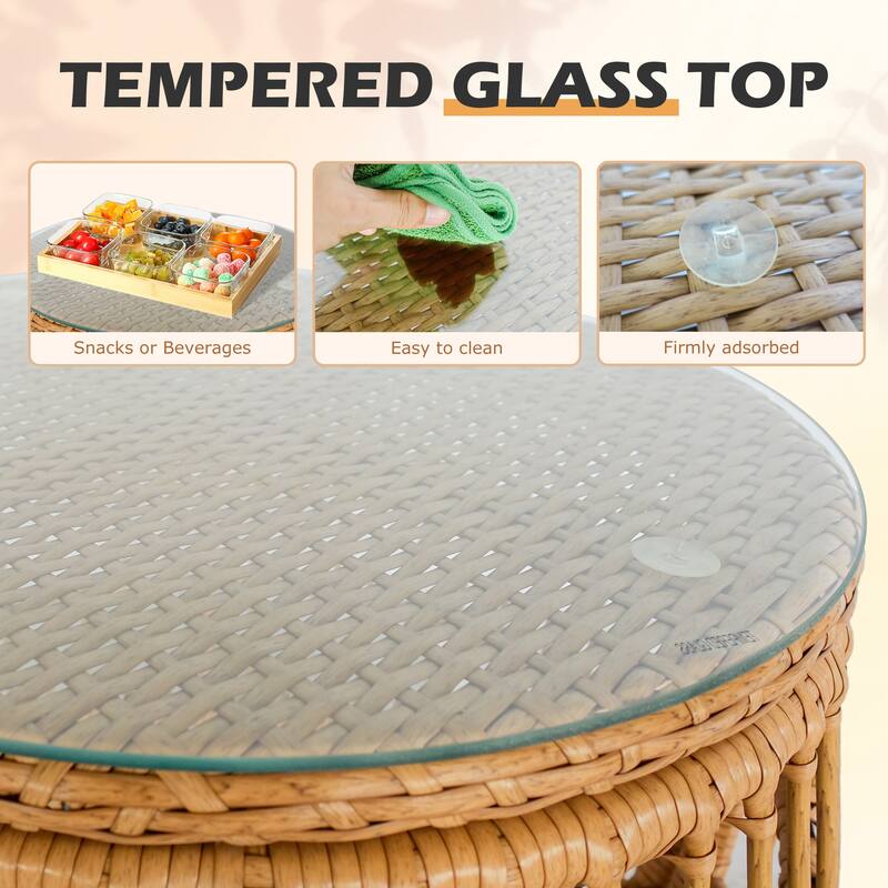 5 Pieces Patio Furniture Set, Outdoor Wicker Patio Conversation Set, Loveseat with Cushion and Pillow, 2 Tempered Glass Table