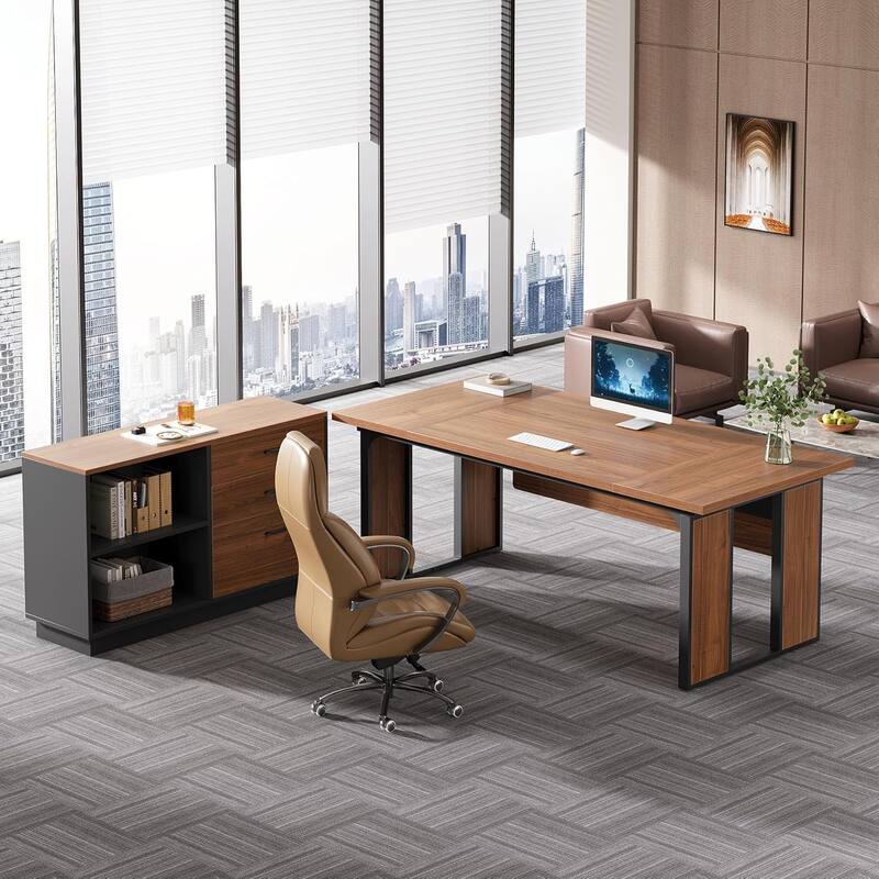 63‘’ L-Shaped Executive Desk, Large Computer Desk with 39.37-Inch Drawers Cabinet