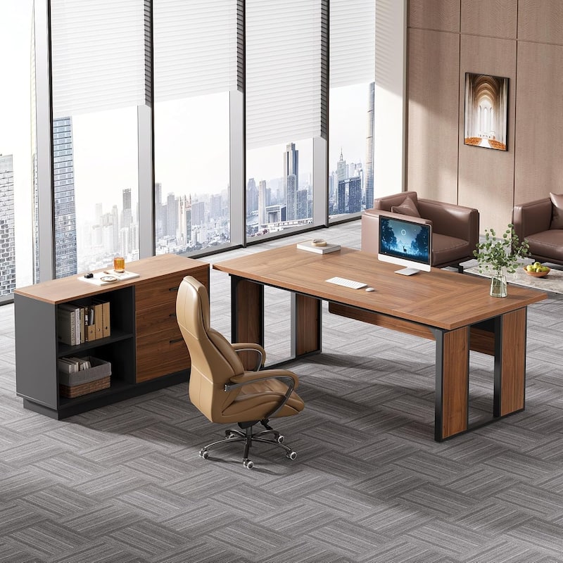 63 Inches Executive Desk, L Shaped Office Table with 47 Inches File Cabine