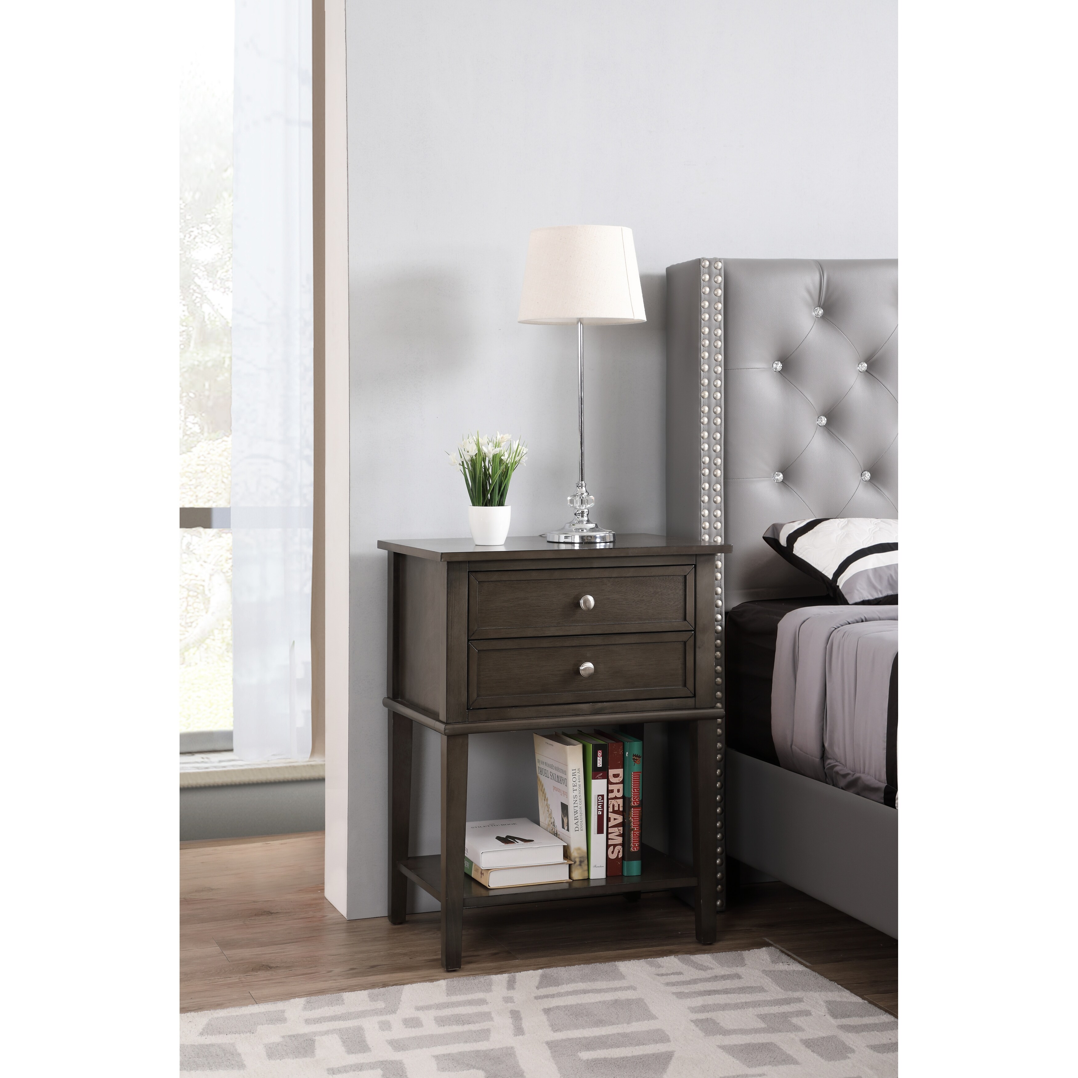 Grey Nightstand 28x22x16 Contemporary Bedside Table with Open Shelf Storage, Durable Compact Design for Modern Decor