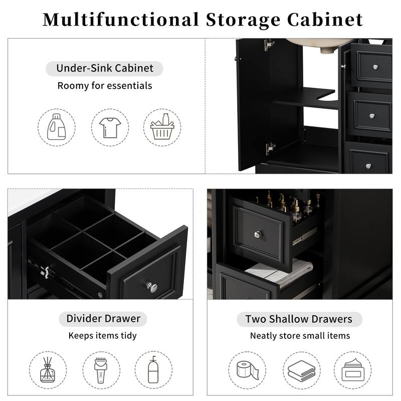 36'' Bathroom Vanity with ceramic sink Bathroom Storage Cabinet with Adjustable U-shaped shelf and 3 drawers