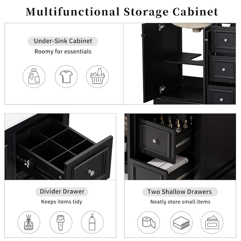 Roomfitters 36" Transitional Bathroom Vanity with Ceramic Sink, 2 Soft-Close Doors, Adjustable Shelf and 3 Drawers