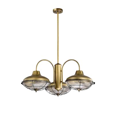 Minny Brushed Bronze 3-Light Chandelier with Rippled Glass and Metal shade