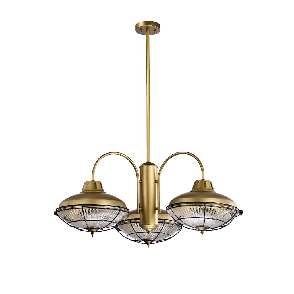 Minny Brushed Bronze 3-Light Chandelier with Rippled Glass and Metal shade