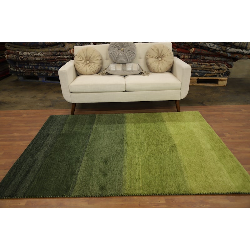 Hand Knotted Oriental 100% Wool Carpet Modern Stripe Green Gabbeh Area Rug - 6' 7'' X 4' 11''