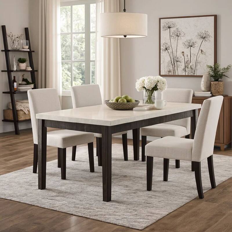 Rectangular Wooden Dining Table with Marble Top, White and Dark Oak Brown