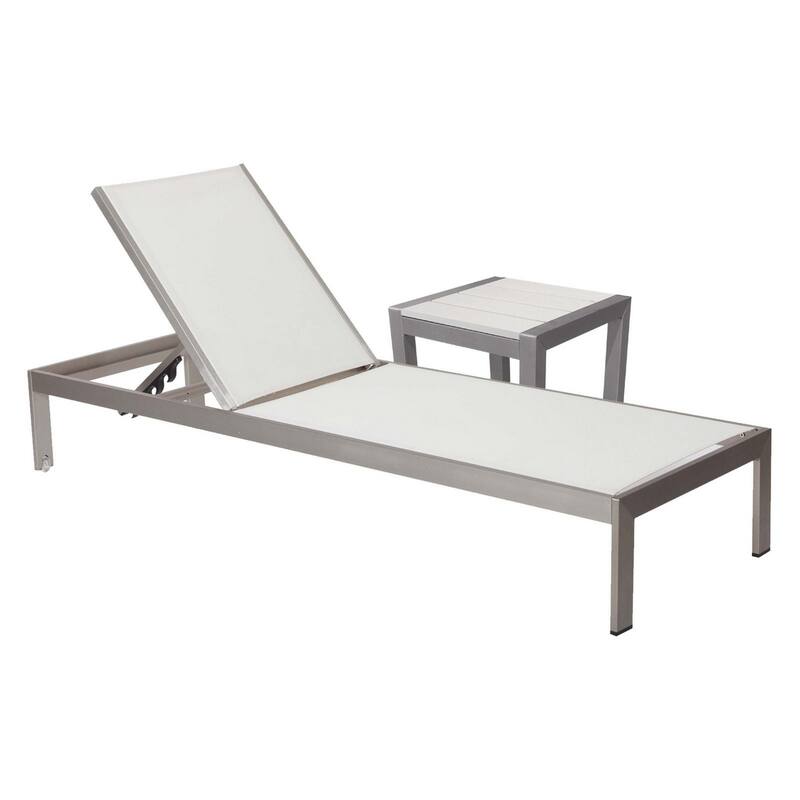 Metal Frame Adjustable Lounger with Side Table, Set of 2, Gray and White