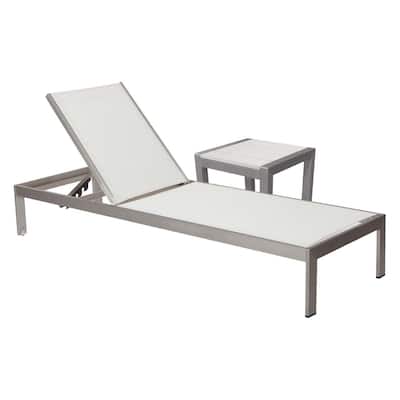 Metal Frame Adjustable Lounger with Side Table, Set of 2, Gray and White