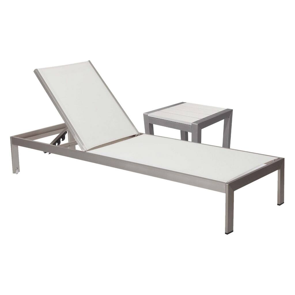 Metal Frame Adjustable Lounger with Side Table, Set of 2, Gray and White