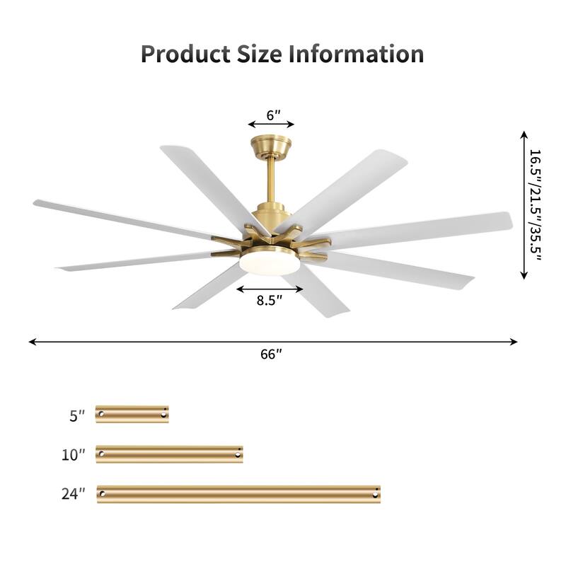 52/66/72/84 Inch Smart Ceiling Fan with Light ,Wall Switch, APP Control,Dimmable LED,8 Blades