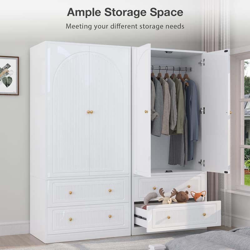 Gymojoy 71" Wardrobe Closet with 2 Doors & 2 Drawers, Modern White Wooden Armoire with Hanging Rod & Gold Handles