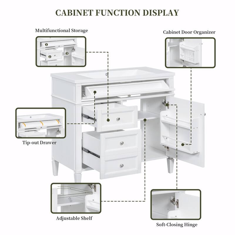 36'' Bathroom Vanity with Top Sink, 3 Drawers for Stylish Storage