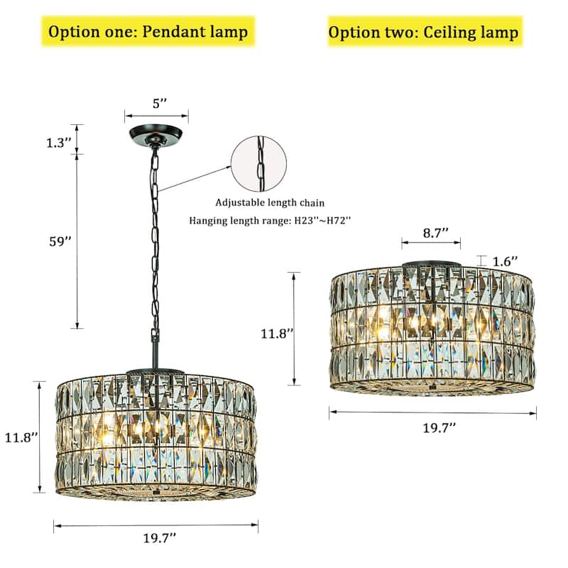 CraftHome Modern Farmhouse Elegant 4-Light Matte Black Drum Crystal Chandelier - W20"