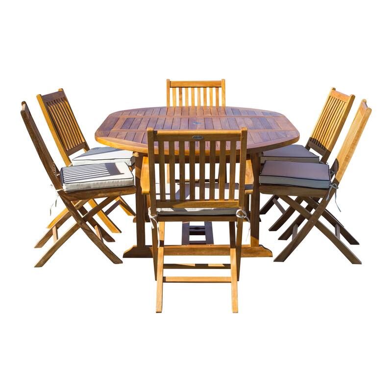 Seven Seas Teak 7 Piece Teak Wood San Diego Patio Dining Set with Round to Oval Extension Table, 2 Arm Chairs and 4 Side Chairs