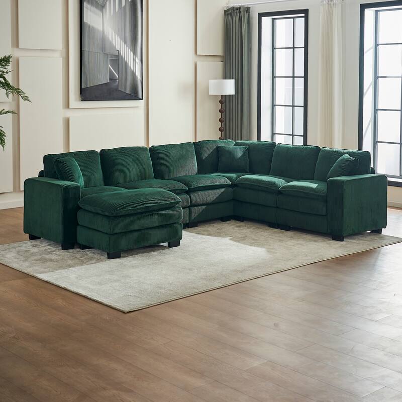 Green 118.1'' Luxurious U-Shaped 6-Seat Sectional Sofa with Ottoman and 3 Throw Pillows in Durable Corduroy