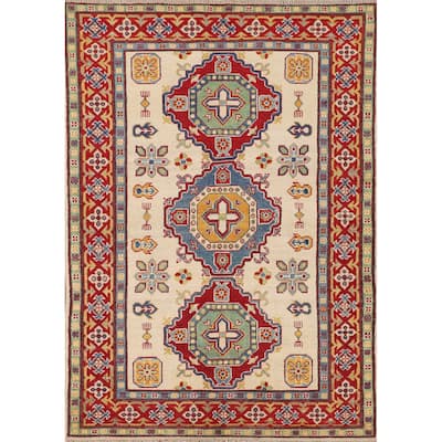 Kazak Area Rug Hand-Knotted Oriental Beige Wool Carpet - 4'0" x 6'0"