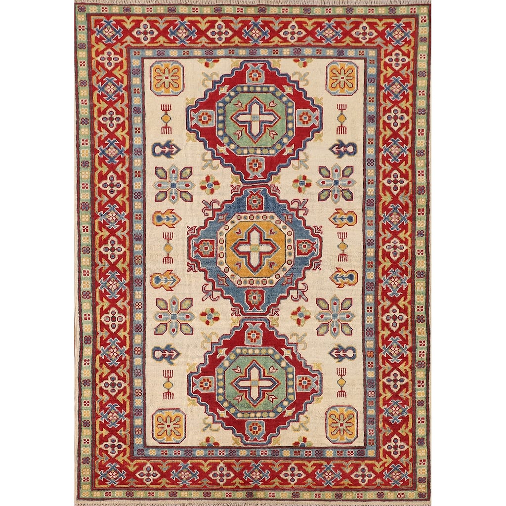 Kazak Area Rug Hand-Knotted Oriental Beige Wool Carpet - 4'0" x 6'0"