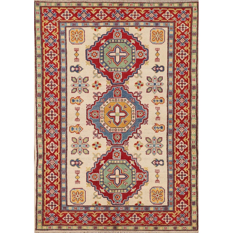 Kazak Area Rug Hand-Knotted Oriental Beige Wool Carpet - 4'0" x 6'0"