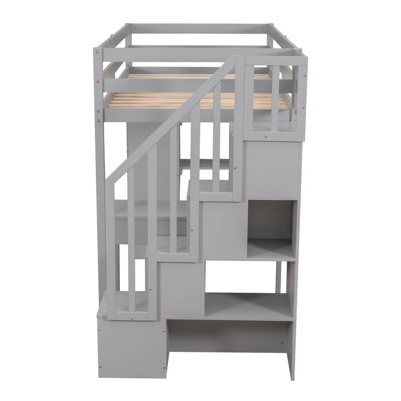 Twin Size Wooden Loft Bed with Storage Drawers, Desk, Stairs, and Shelves - Gray